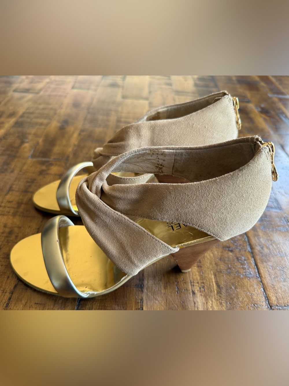Michael Kors Orchard Camel Suede Cone Heels – Size 7M – Zip Back Ankle